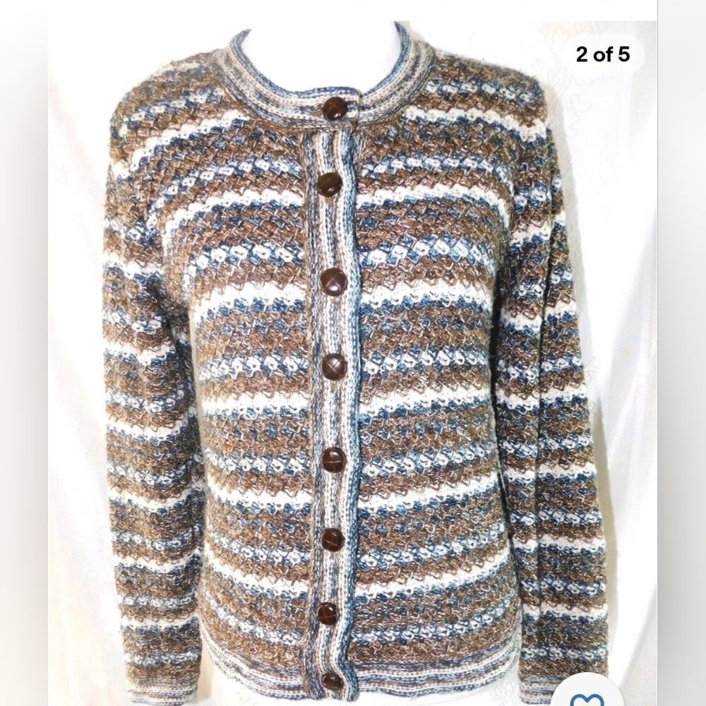 Dressbarn L Women's Brown/Blue/White Silk Cardigan w/Brown Shank Buttons - Picture 2 of 9